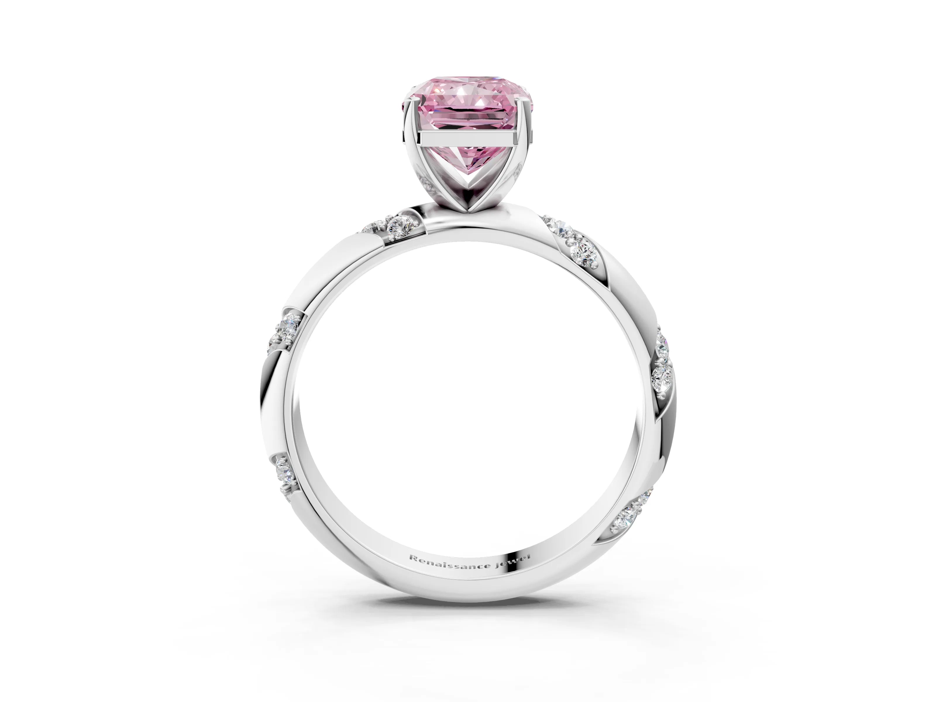 White gold Fancy Pink Radiant Cut Solitaire Diamond Engagement Ring with Twisted Pave Band and Four-Prong Setting_78