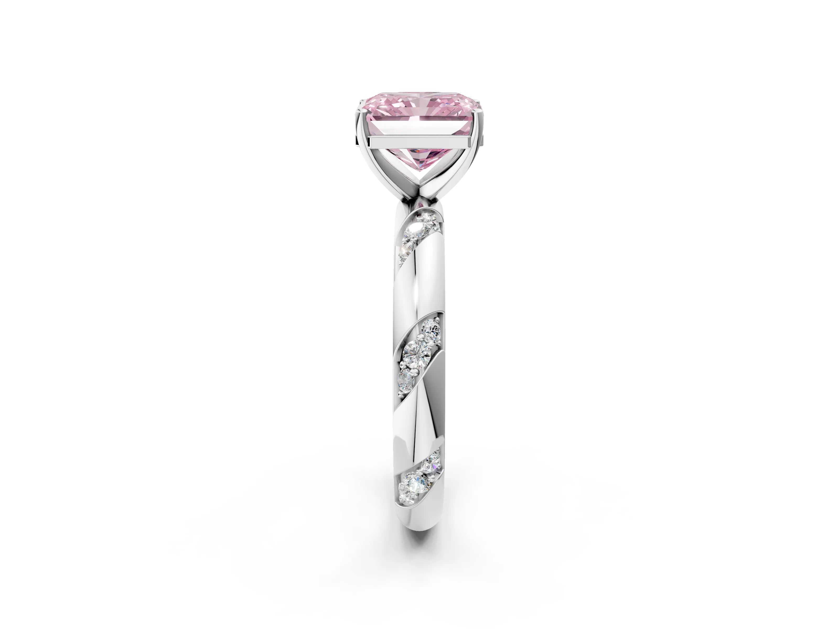 White gold Fancy Pink Radiant Cut Solitaire Diamond Engagement Ring with Twisted Pave Band and Four-Prong Setting_91
