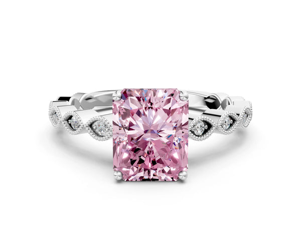 White gold Fancy Pink Radiant Cut Solitaire Diamond Ring with Infinity Twist Band and Four-Prong Setting