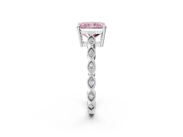 White gold Fancy Pink Radiant Cut Solitaire Diamond Ring with Infinity Twist Band and Four-Prong Setting