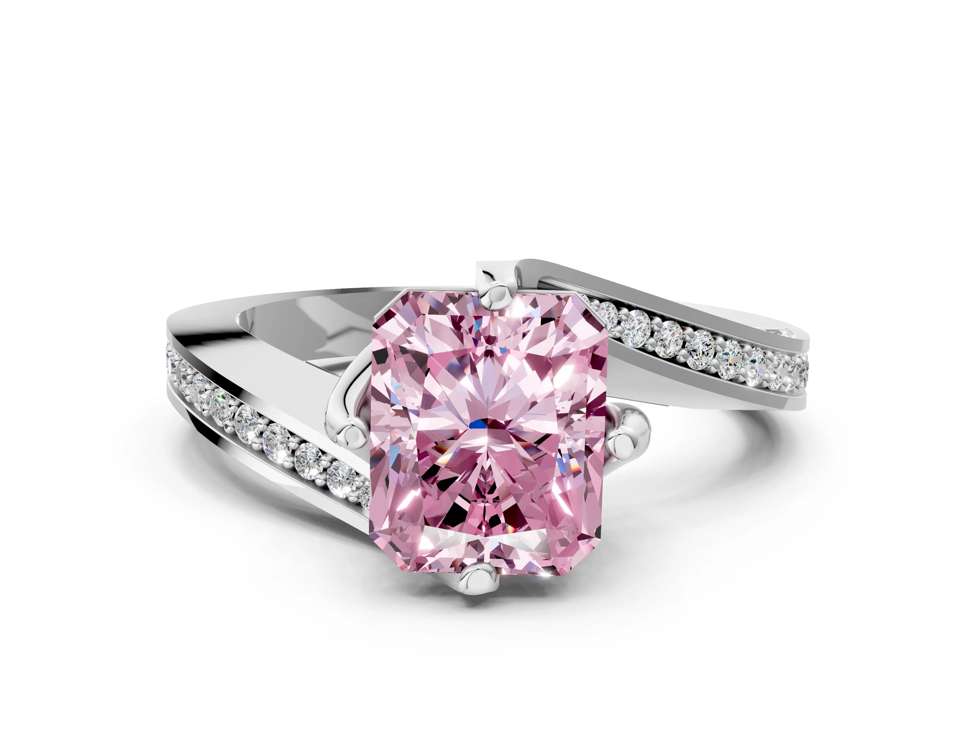 White gold Fancy Pink Radiant Cut Solitaire Diamond Twist Band with Pavé Setting and Four-Prong Setting_12