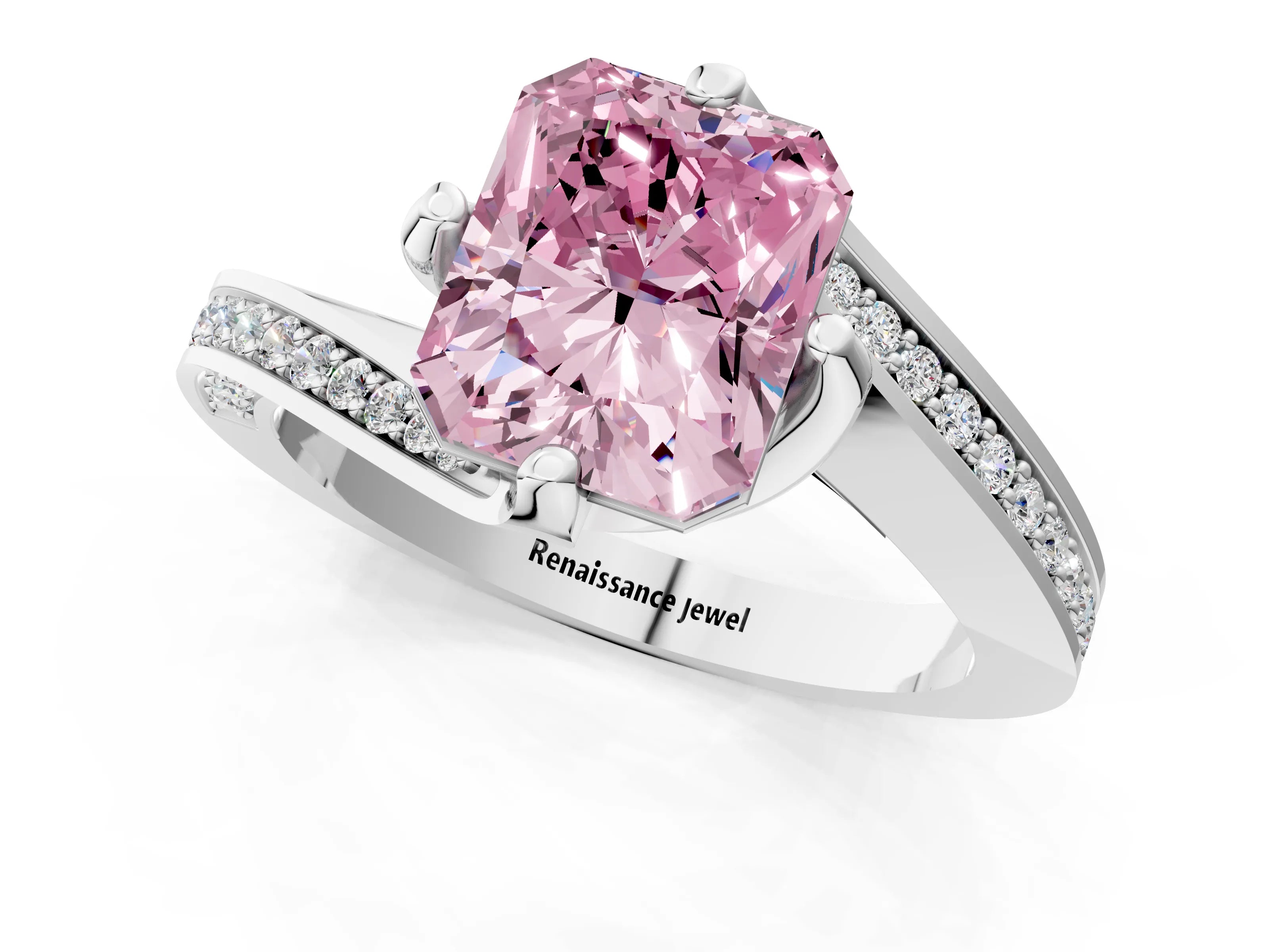 White gold Fancy Pink Radiant Cut Solitaire Diamond Twist Band with Pavé Setting and Four-Prong Setting_13