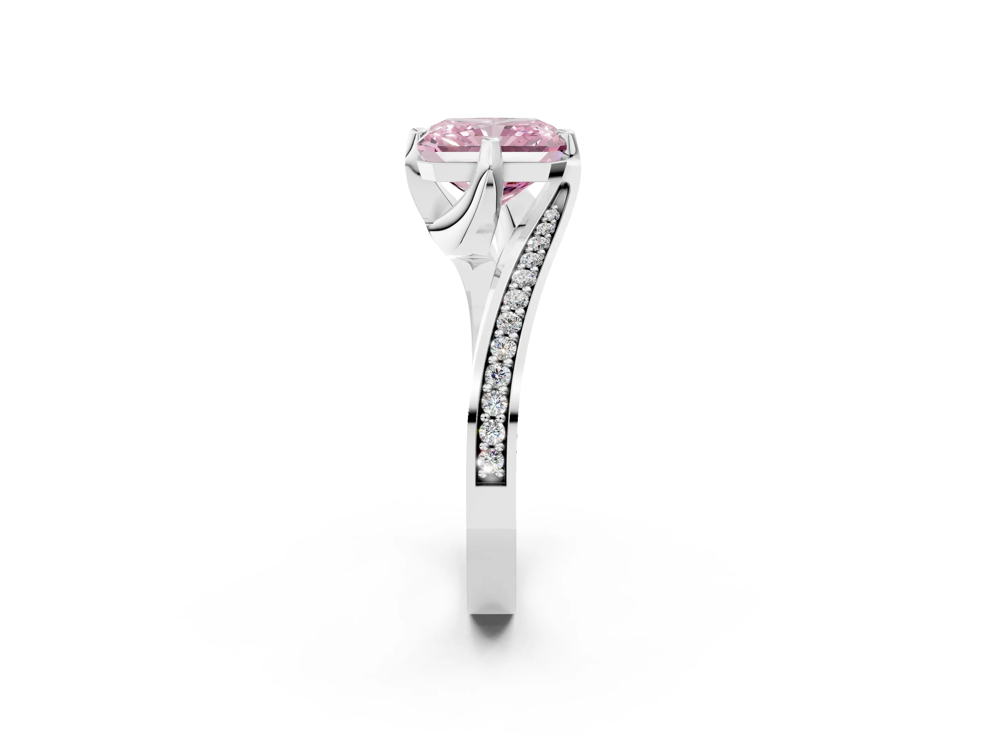 White gold Fancy Pink Radiant Cut Solitaire Diamond Twist Band with Pavé Setting and Four-Prong Setting_14