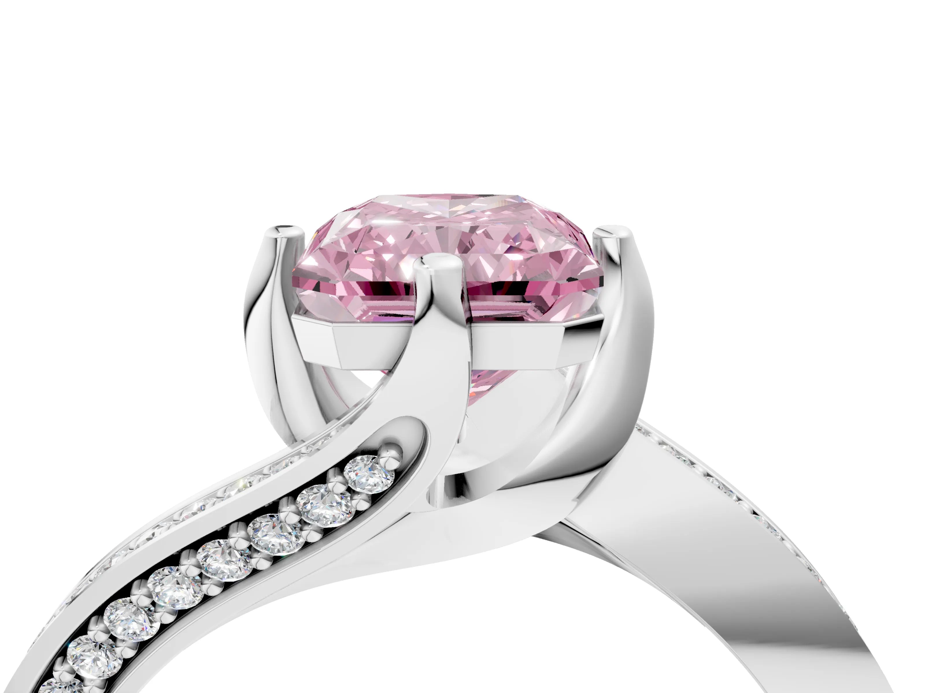 White gold Fancy Pink Radiant Cut Solitaire Diamond Twist Band with Pavé Setting and Four-Prong Setting_16
