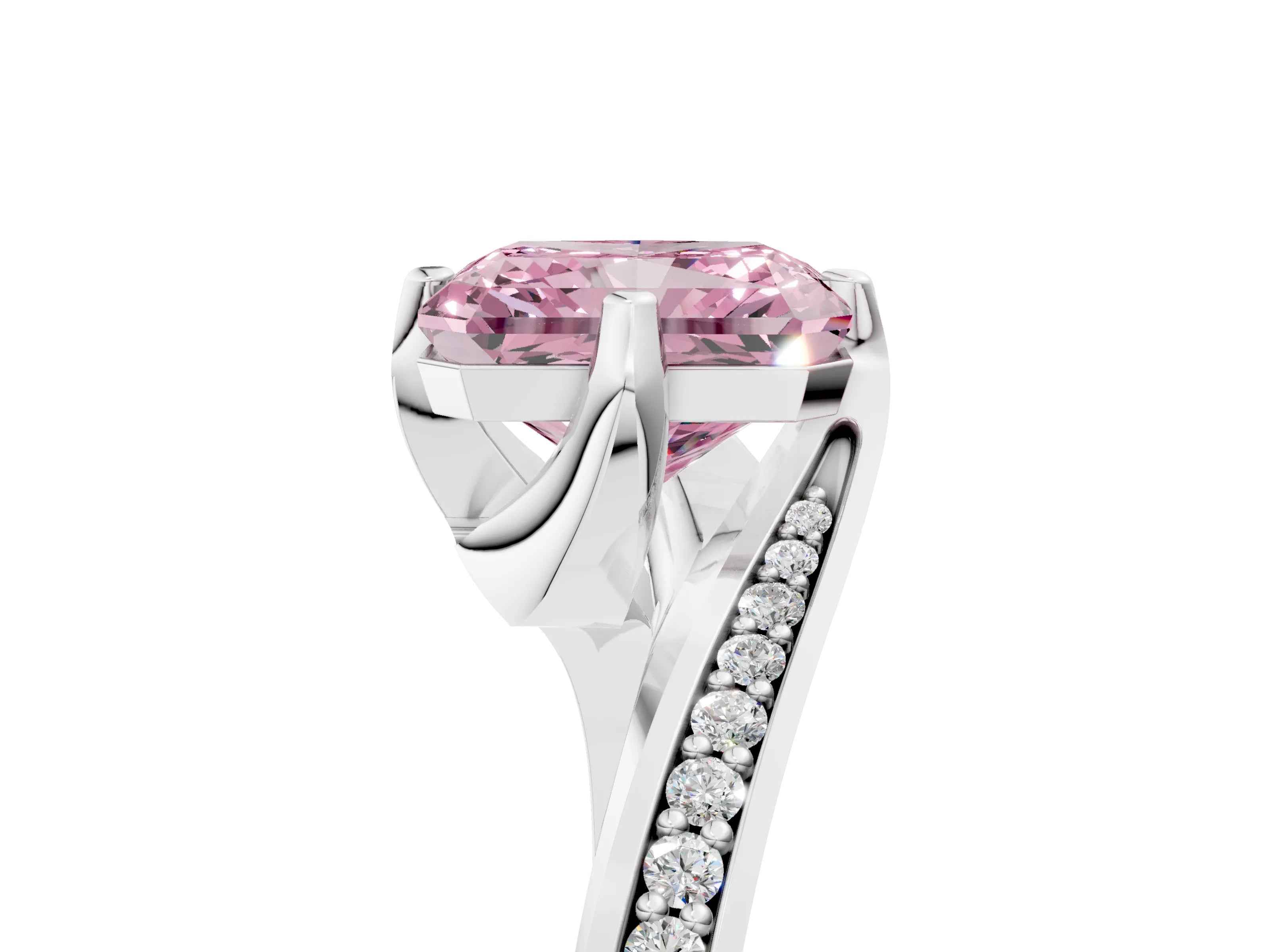 White gold Fancy Pink Radiant Cut Solitaire Diamond Twist Band with Pavé Setting and Four-Prong Setting_17