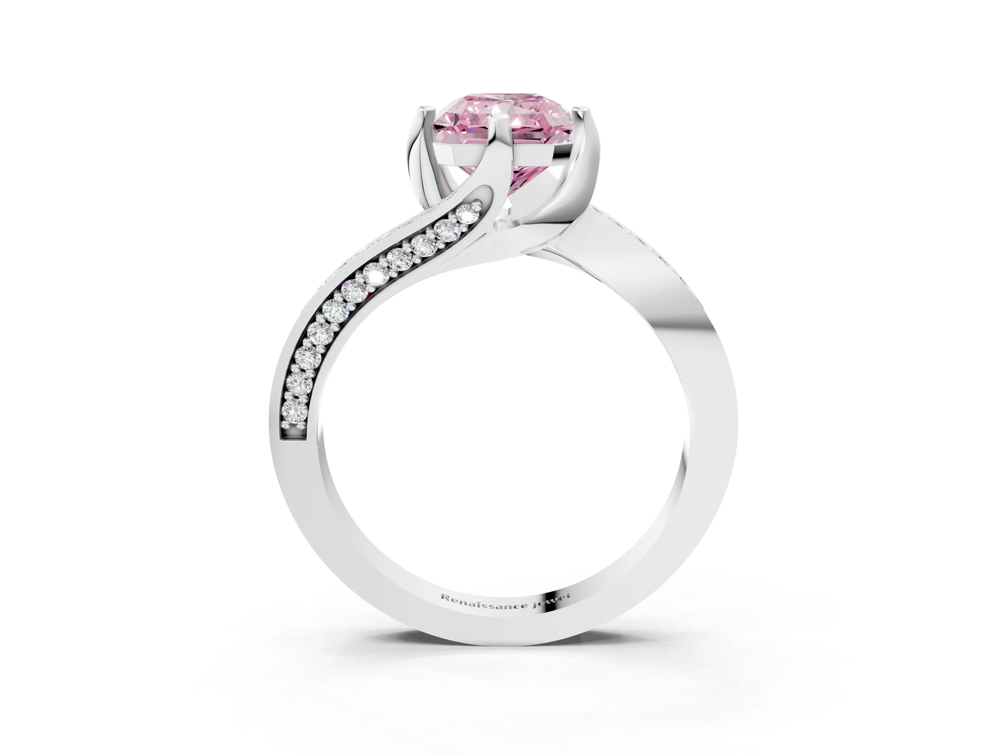 White gold Fancy Pink Radiant Cut Solitaire Diamond Twist Band with Pavé Setting and Four-Prong Setting_3