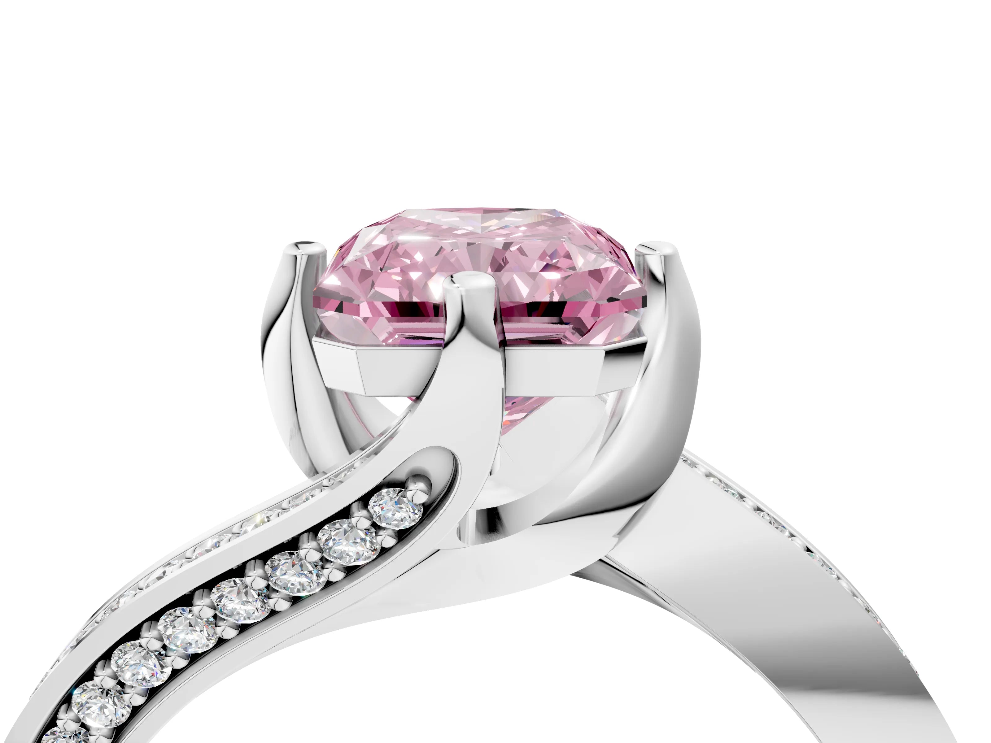 White gold Fancy Pink Radiant Cut Solitaire Diamond Twist Band with Pavé Setting and Four-Prong Setting_4