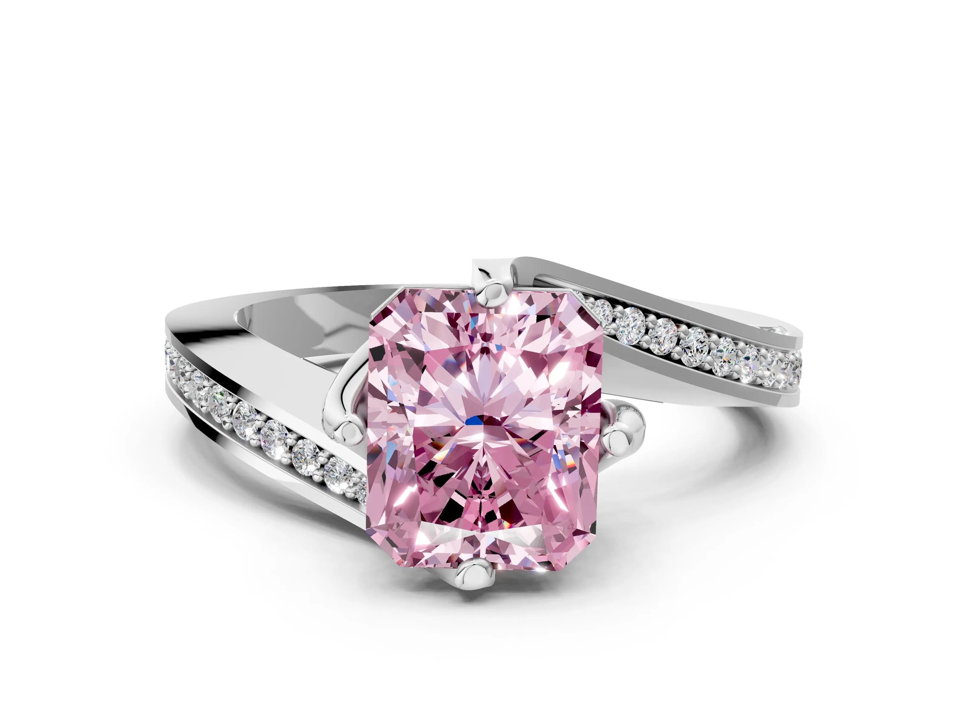 White gold Fancy Pink Radiant Cut Solitaire Diamond Twist Band with Pavé Setting and Four-Prong Setting