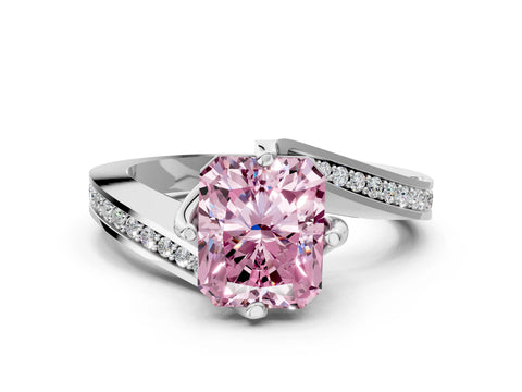 White gold Fancy Pink Radiant Cut Solitaire Diamond Twist Band with Pavé Setting and Four-Prong Setting