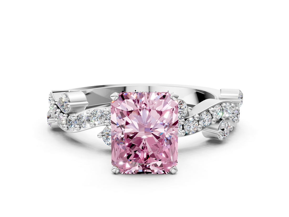 White gold Fancy Pink Radiant  Cut Solitaire Diamond Twisted Band with Pave Setting_24