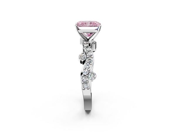 Platinum Fancy Pink Radiant  Cut Solitaire Diamond Twisted Band with Pave Setting