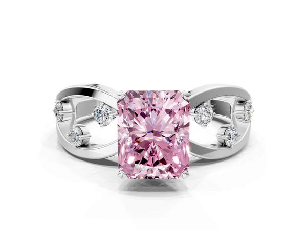 Platinum Fancy Pink Radiant  Cut Solitaire Diamond with Side Stones on Criss-Cross Band and Four-Prong Setting