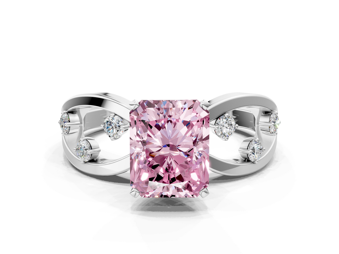 White gold Fancy Pink Radiant  Cut Solitaire Diamond with Side Stones on Criss-Cross Band and Four-Prong Setting_3