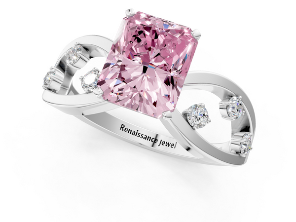 Platinum Fancy Pink Radiant  Cut Solitaire Diamond with Side Stones on Criss-Cross Band and Four-Prong Setting