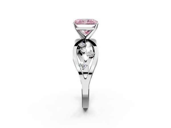 Platinum Fancy Pink Radiant  Cut Solitaire Diamond with Side Stones on Criss-Cross Band and Four-Prong Setting