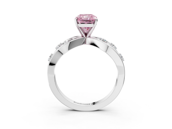 Platinum Fancy Pink Radiant  Cut Solitaire Diamond with Side Stones on Criss-Cross Band and Four-Prong Setting