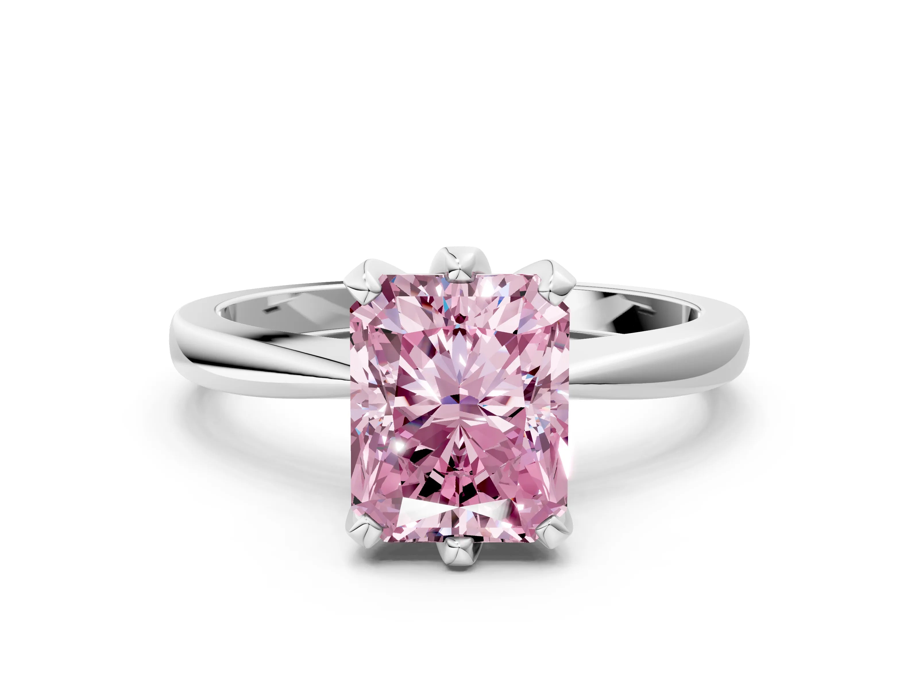 White gold Fancy Pink Radiant Cut Solitaire Engagement Ring with Six-Prong Setting and Tapered Band