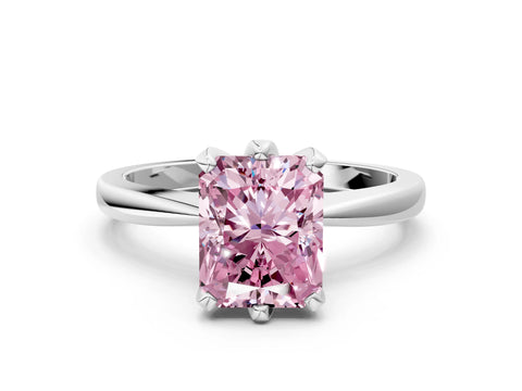 White gold Fancy Pink Radiant Cut Solitaire Engagement Ring with Six-Prong Setting and Tapered Band