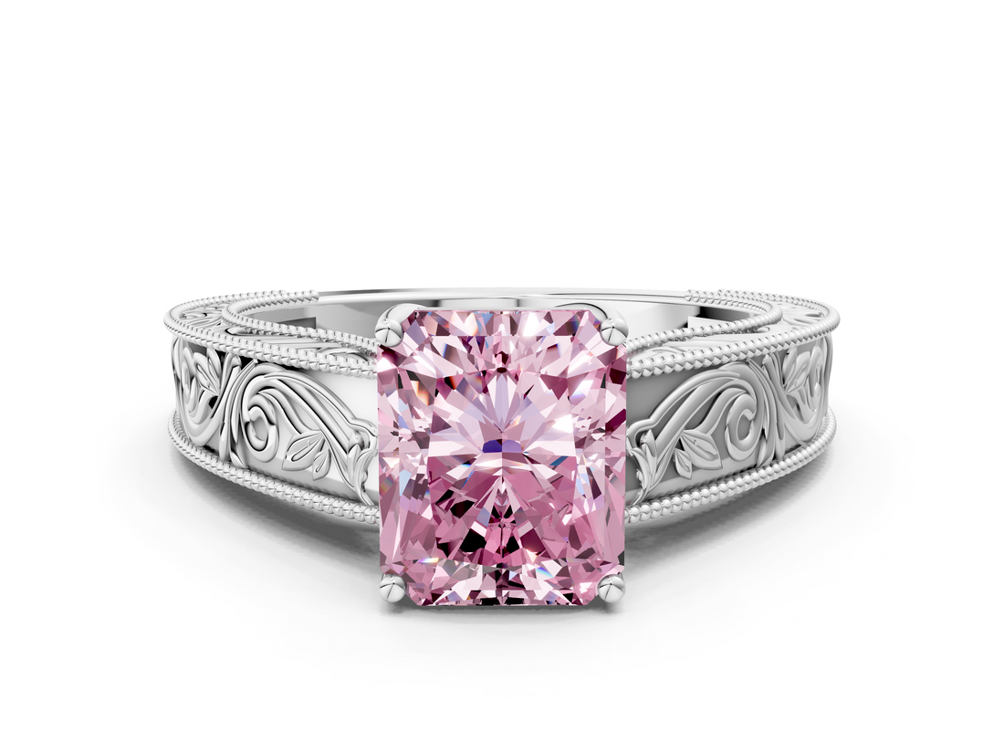 White gold Fancy Pink Radiant  Cut Solitaire Engraved Band with Four-Prong Setting_93