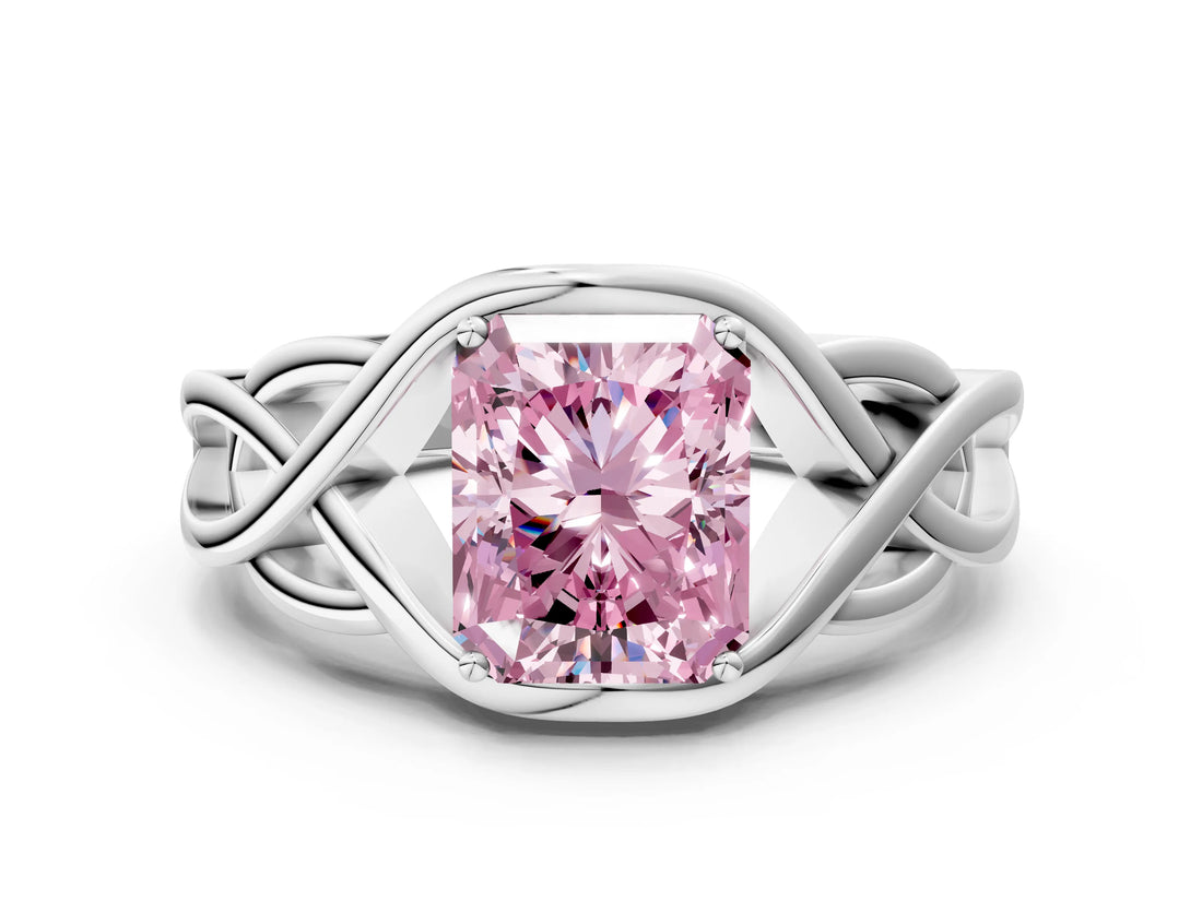 White gold Fancy Pink Radiant Cut Solitaire Intertwined Band Prong Setting Ring