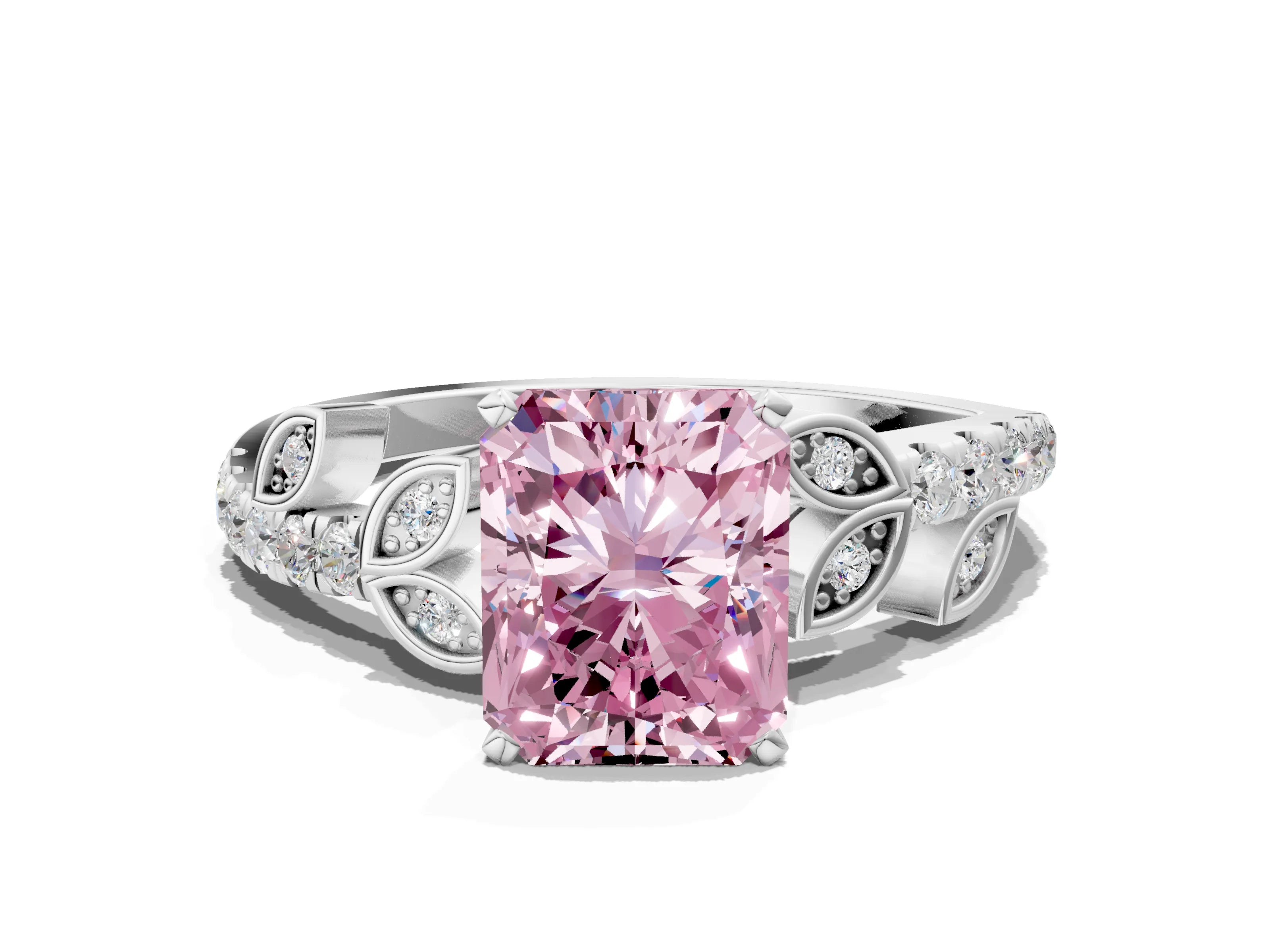 White gold Fancy Pink Radiant Cut Solitaire Leaf-Inspired Diamond Ring with Pavé Band and Four-Prong Setting_12