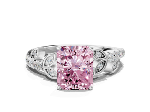 White gold Fancy Pink Radiant Cut Solitaire Leaf-Inspired Diamond Ring with Pavé Band and Four-Prong Setting_12