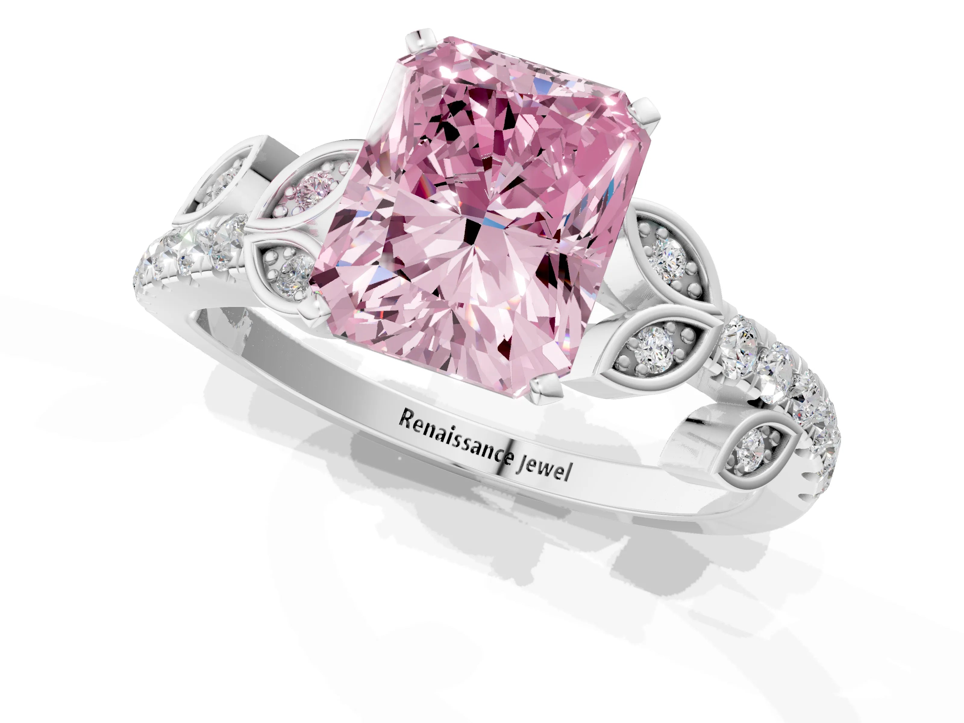 White gold Fancy Pink Radiant Cut Solitaire Leaf-Inspired Diamond Ring with Pavé Band and Four-Prong Setting_13