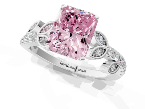 White gold Fancy Pink Radiant Cut Solitaire Leaf-Inspired Diamond Ring with Pavé Band and Four-Prong Setting_13