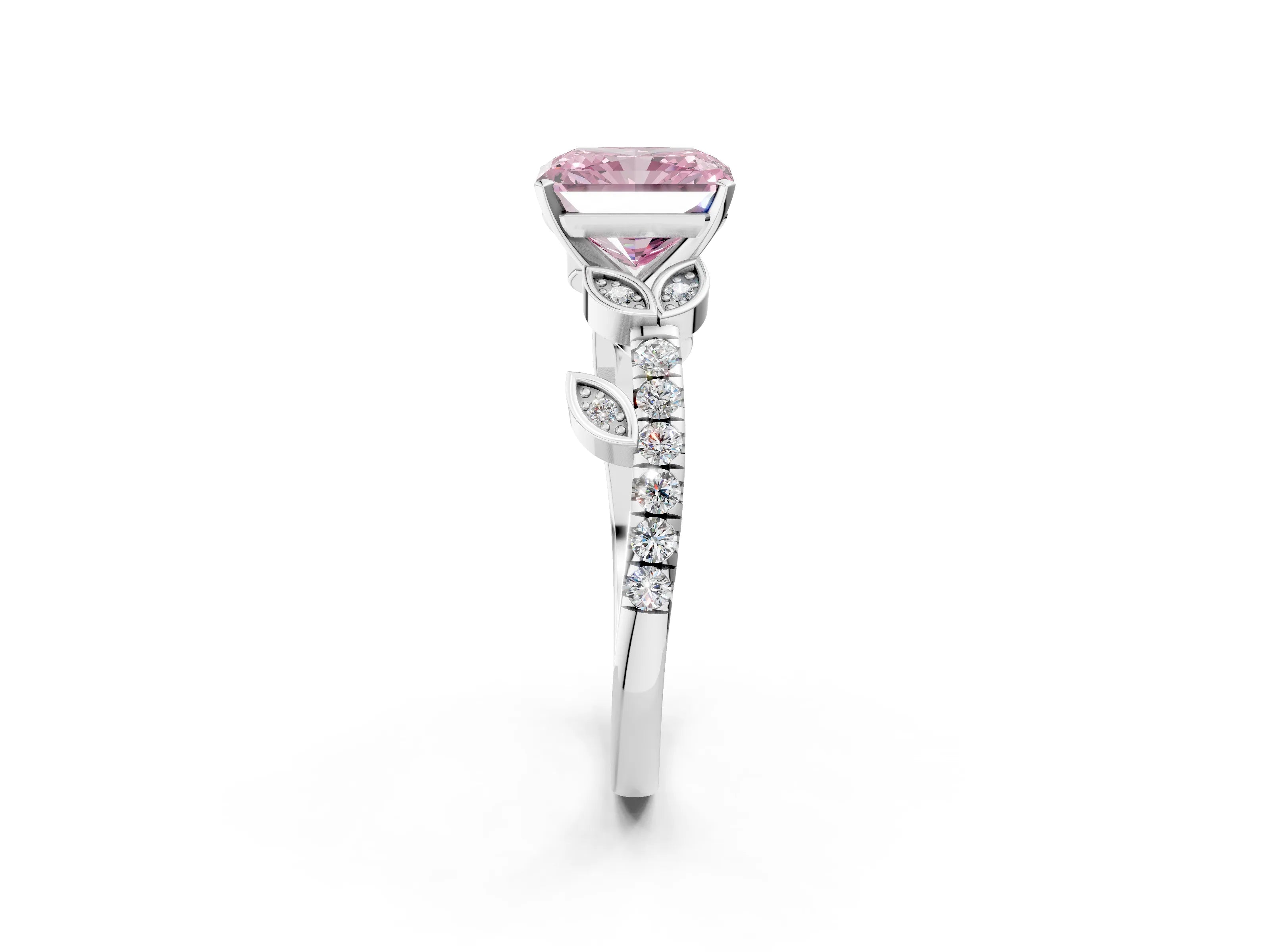 White gold Fancy Pink Radiant Cut Solitaire Leaf-Inspired Diamond Ring with Pavé Band and Four-Prong Setting_14