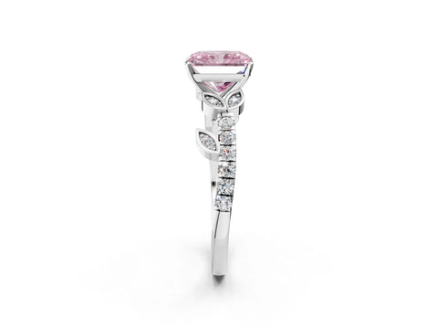 White gold Fancy Pink Radiant Cut Solitaire Leaf-Inspired Diamond Ring with Pavé Band and Four-Prong Setting_14