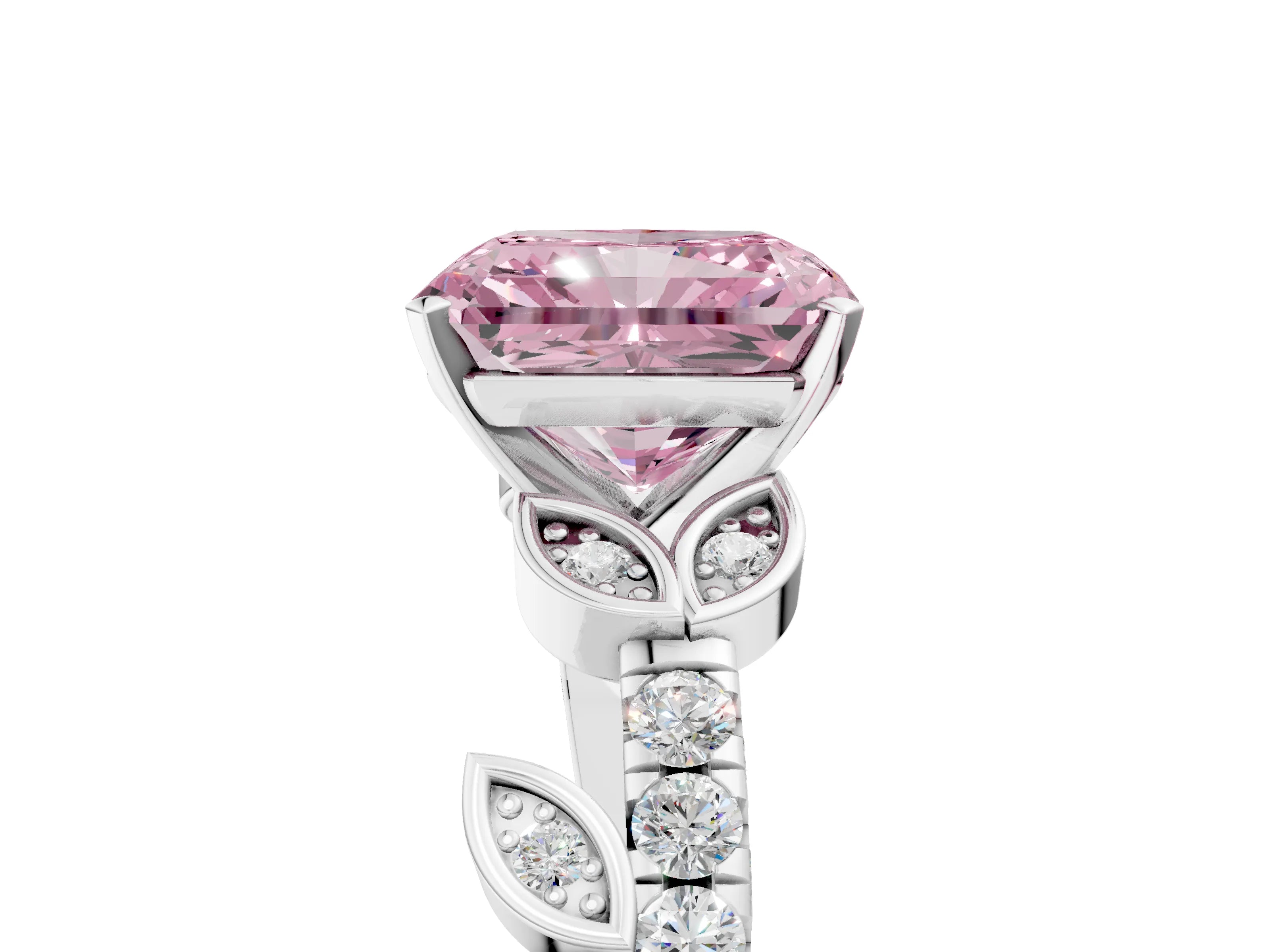White gold Fancy Pink Radiant Cut Solitaire Leaf-Inspired Diamond Ring with Pavé Band and Four-Prong Setting_17