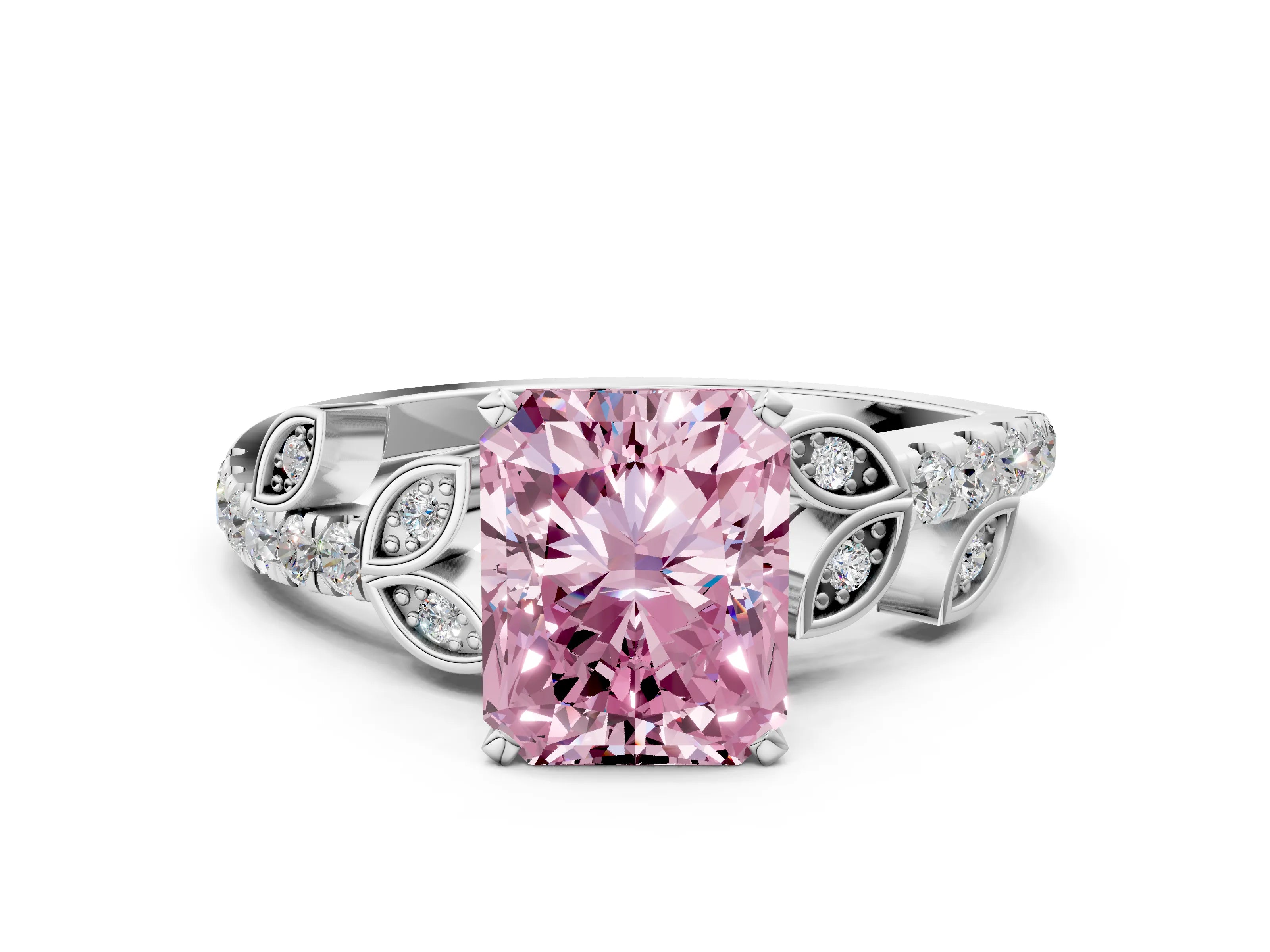 White gold Fancy Pink Radiant Cut Solitaire Leaf-Inspired Diamond Ring with Pavé Band and Four-Prong Setting_24