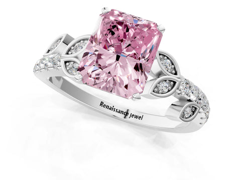 White gold Fancy Pink Radiant Cut Solitaire Leaf-Inspired Diamond Ring with Pavé Band and Four-Prong Setting_25
