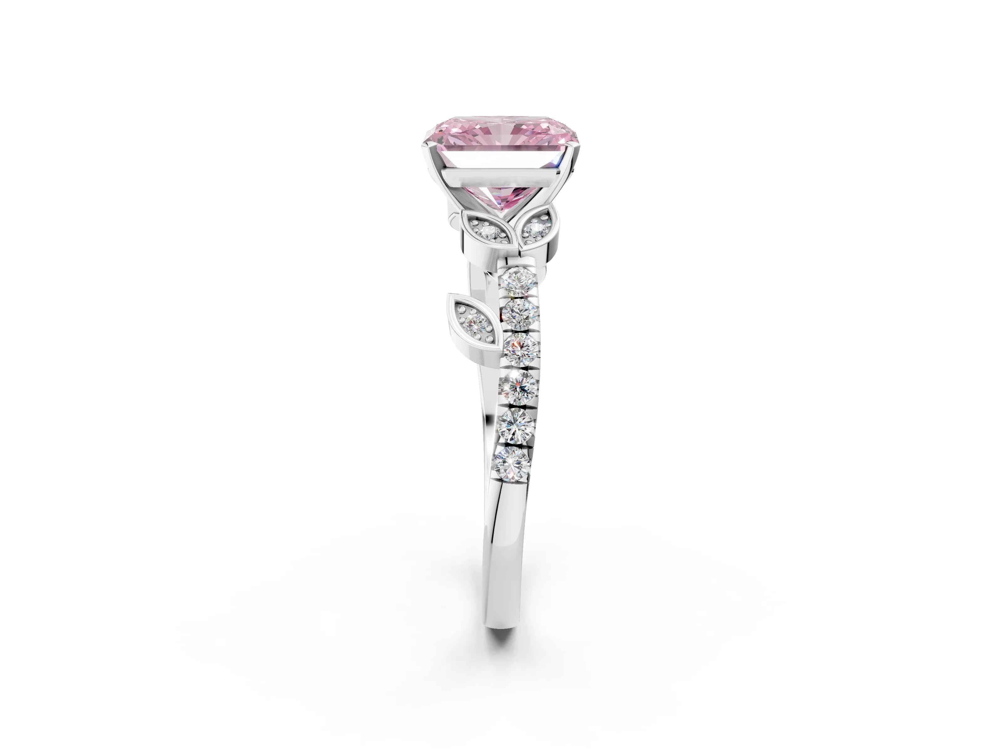 White gold Fancy Pink Radiant Cut Solitaire Leaf-Inspired Diamond Ring with Pavé Band and Four-Prong Setting_26