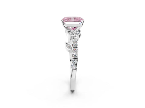 White gold Fancy Pink Radiant Cut Solitaire Leaf-Inspired Diamond Ring with Pavé Band and Four-Prong Setting_26
