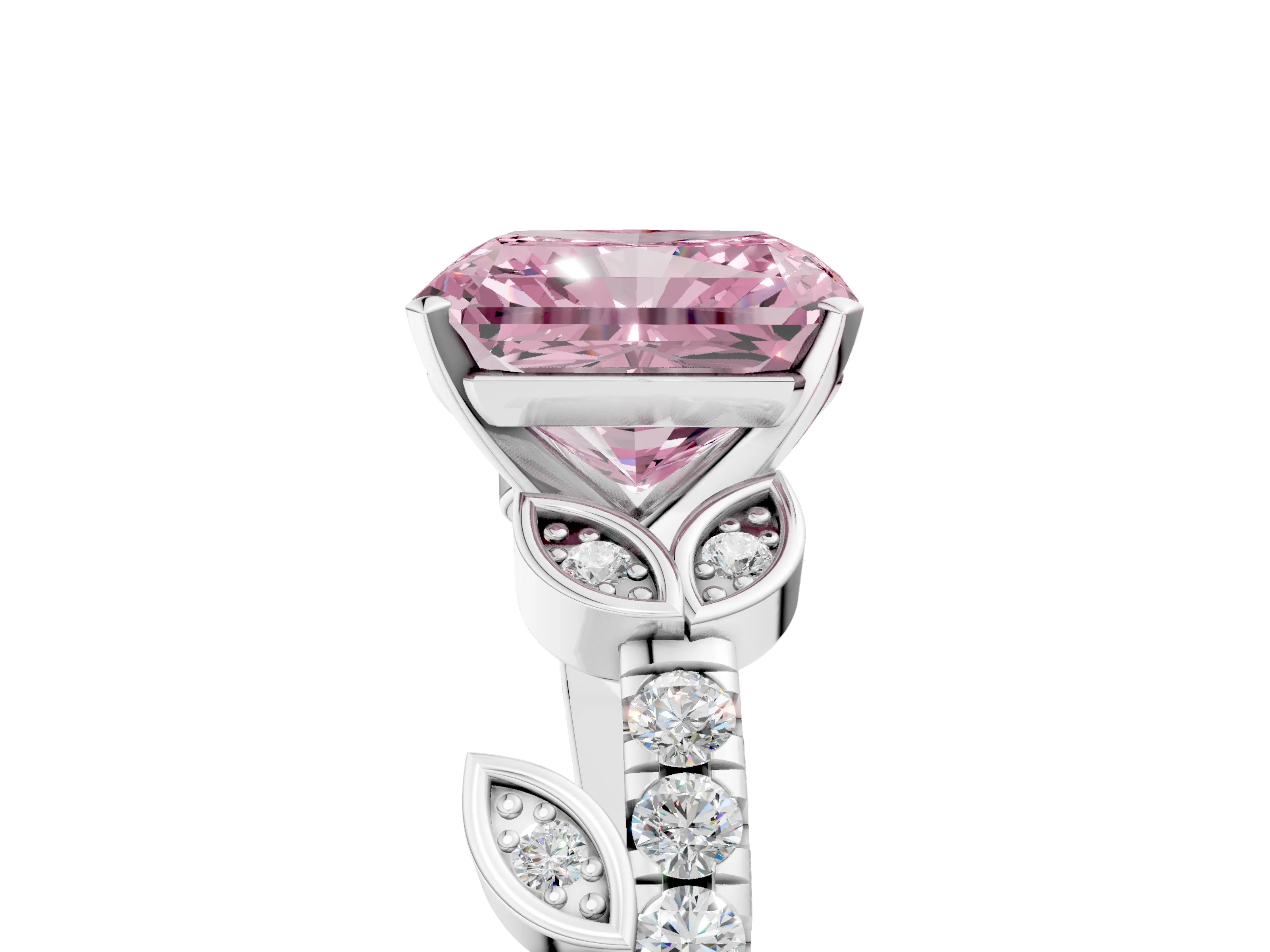 White gold Fancy Pink Radiant Cut Solitaire Leaf-Inspired Diamond Ring with Pavé Band and Four-Prong Setting_29