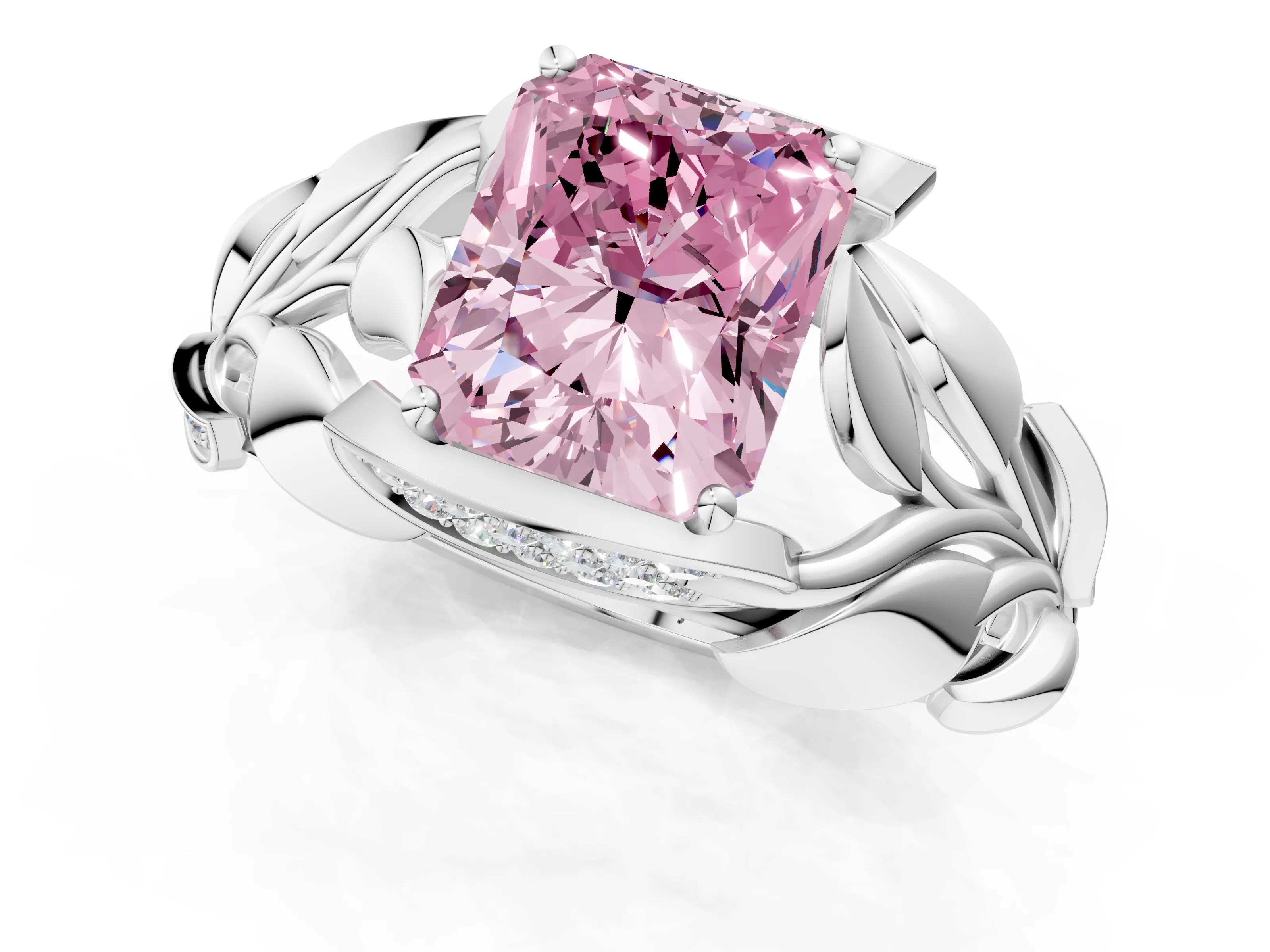 White gold Fancy Pink Radiant Cut Solitaire Leaf-Inspired Engagement Ring with Prong Setting_1