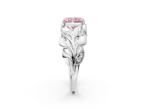 White gold Fancy Pink Radiant Cut Solitaire Leaf-Inspired Engagement Ring with Prong Setting_2