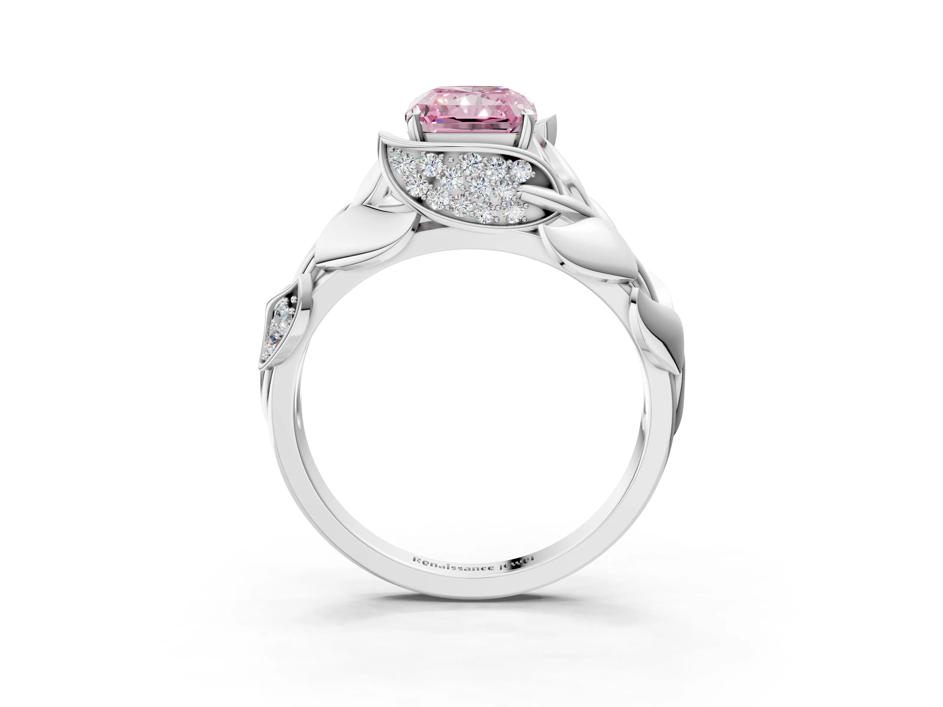 White gold Fancy Pink Radiant Cut Solitaire Leaf-Inspired Engagement Ring with Prong Setting_3