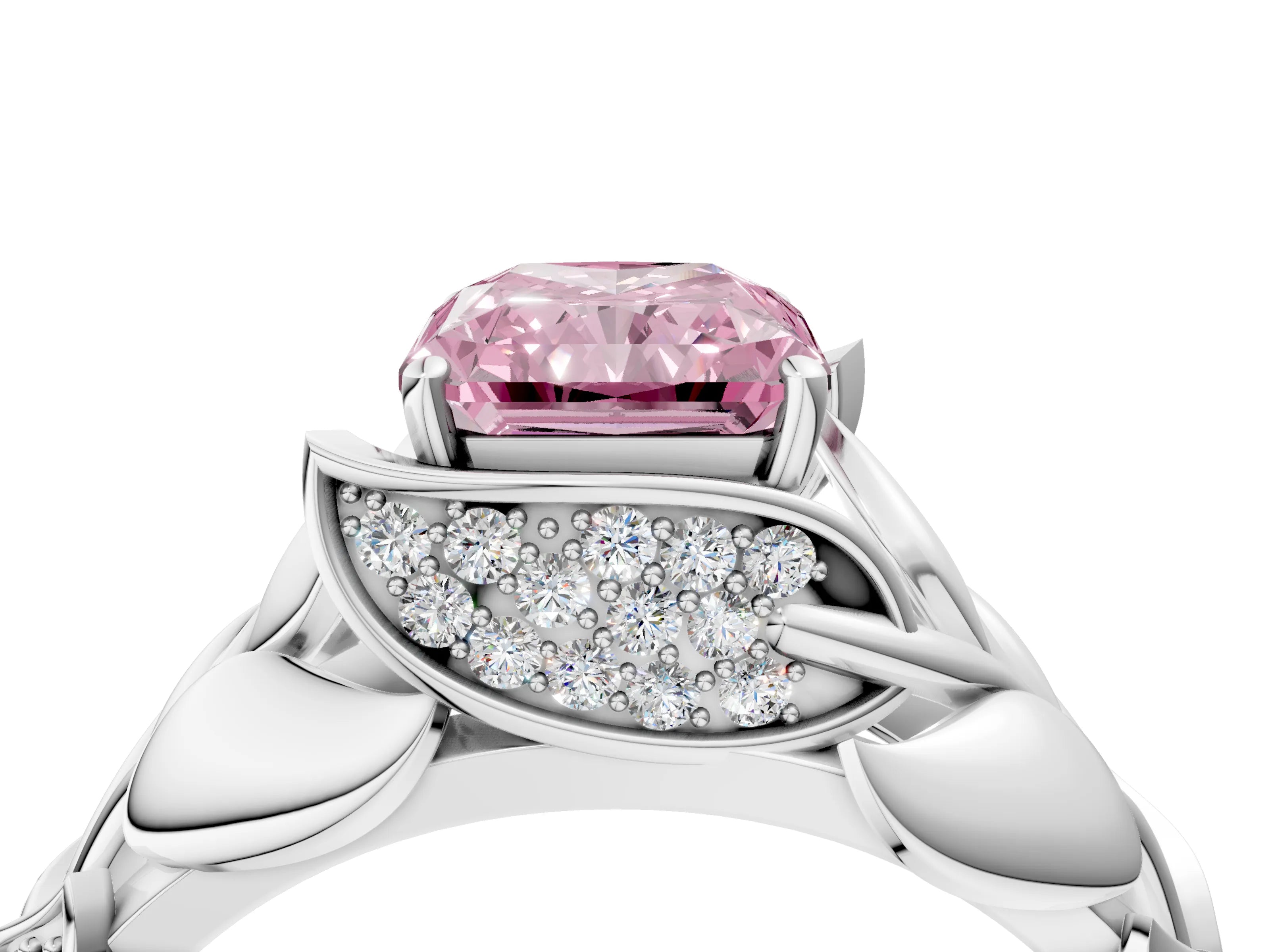 White gold Fancy Pink Radiant Cut Solitaire Leaf-Inspired Engagement Ring with Prong Setting_4