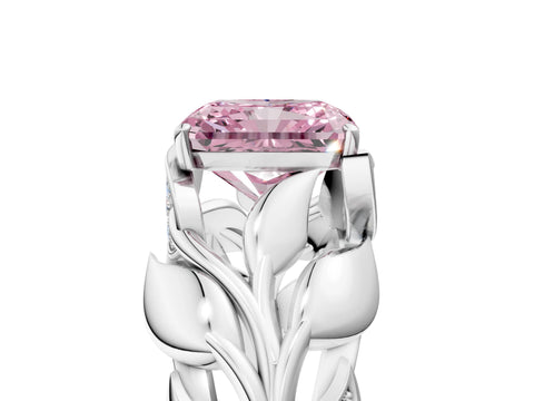 White gold Fancy Pink Radiant Cut Solitaire Leaf-Inspired Engagement Ring with Prong Setting_5