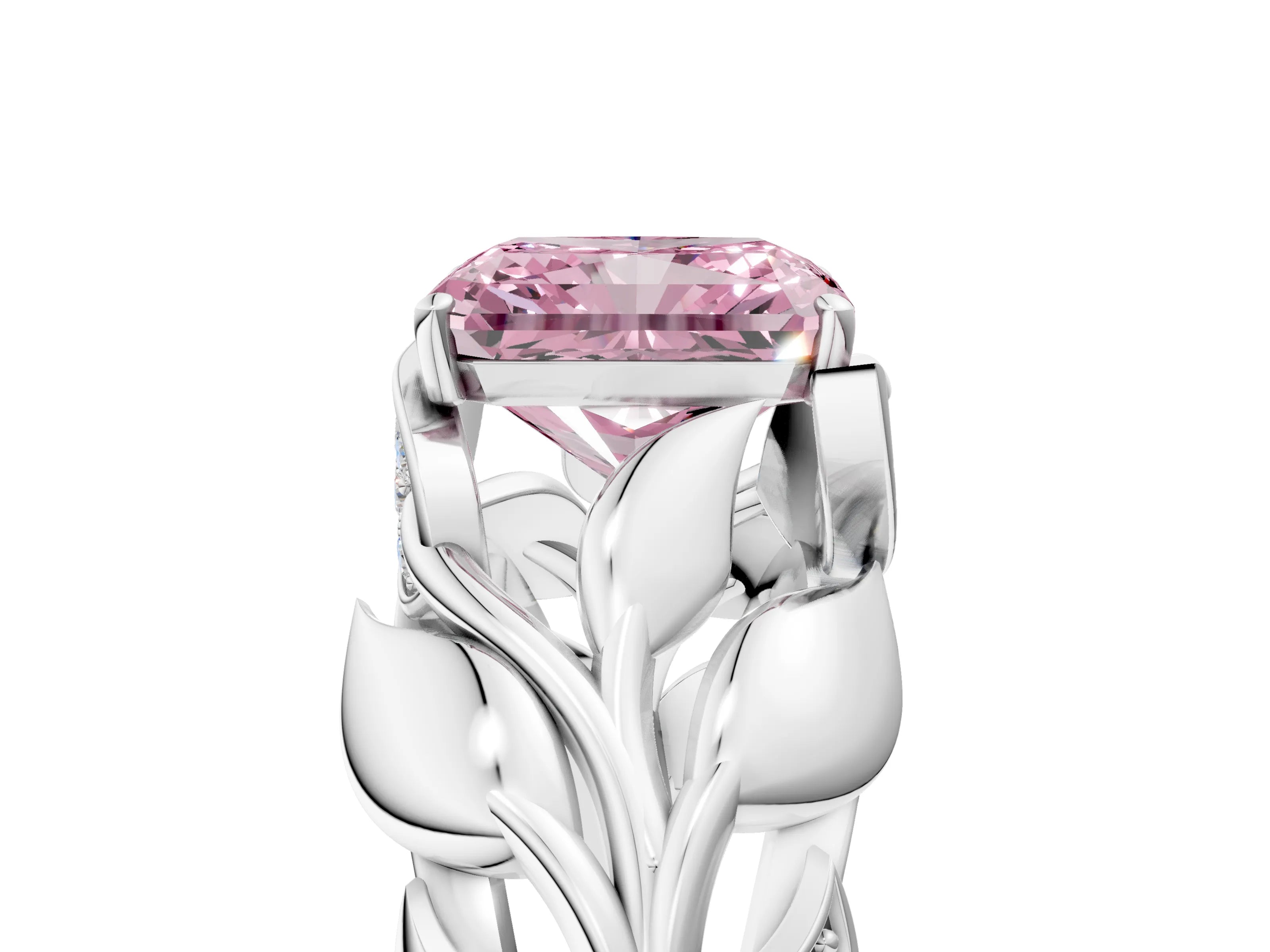 White gold Fancy Pink Radiant Cut Solitaire Leaf-Inspired Engagement Ring with Prong Setting_5
