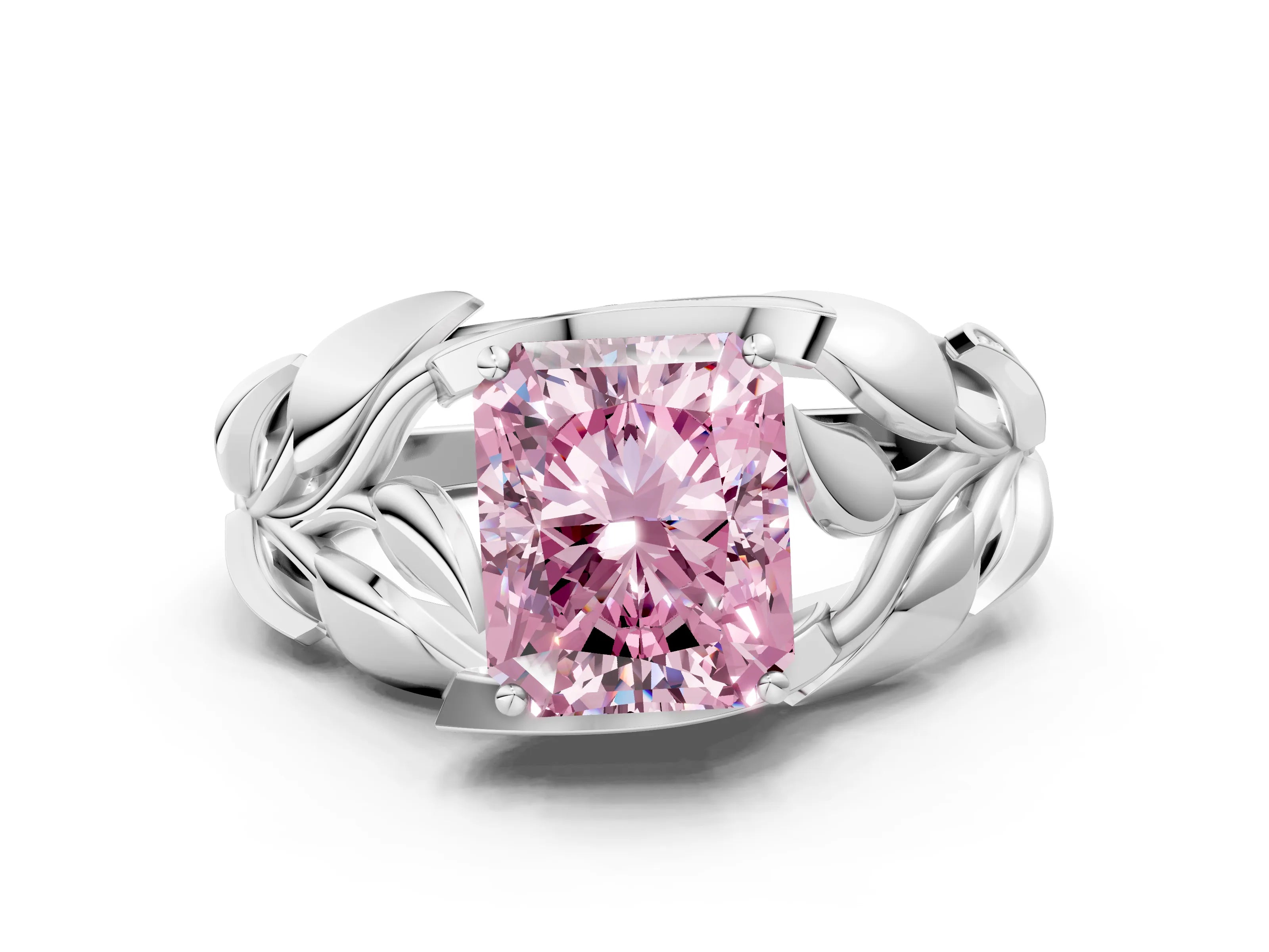 White gold Fancy Pink Radiant Cut Solitaire Leaf-Inspired Engagement Ring with Prong Setting
