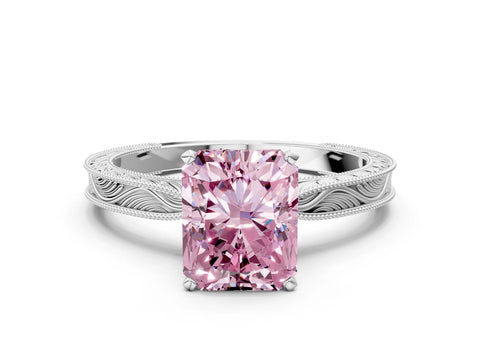 White gold Fancy Pink Radiant Cut Solitaire Milgrain Engraved Band with Four-Prong Setting_12