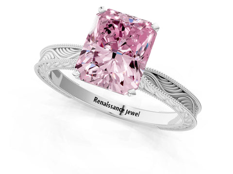 White gold Fancy Pink Radiant Cut Solitaire Milgrain Engraved Band with Four-Prong Setting_13