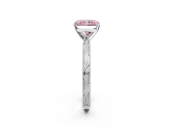 White Gold Radiant Cut Solitaire Engagement Ring Setting for Fancy Pink Center with Engraved Band