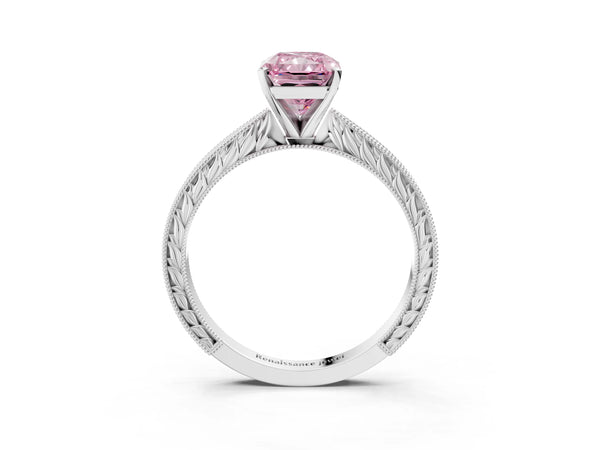 Platinum Radiant Cut Solitaire Engagement Ring Setting for Fancy Pink Center with Engraved Band