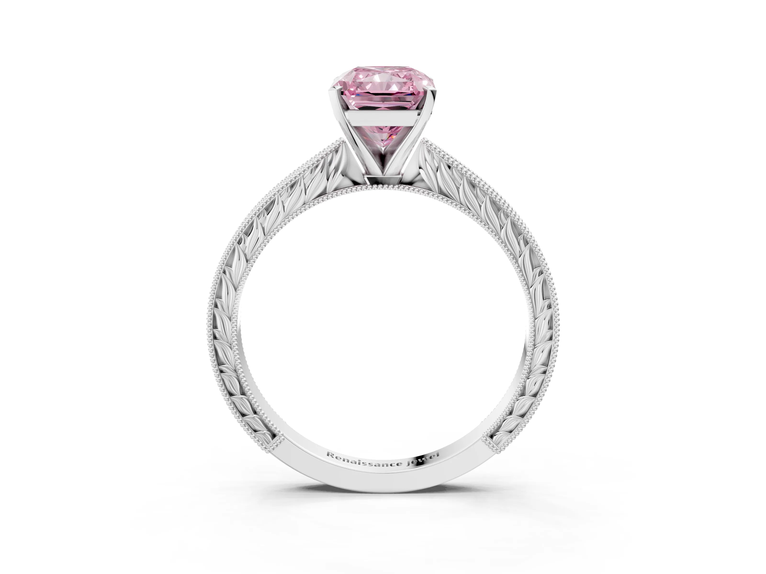White gold Fancy Pink Radiant Cut Solitaire Milgrain Engraved Band with Four-Prong Setting_15