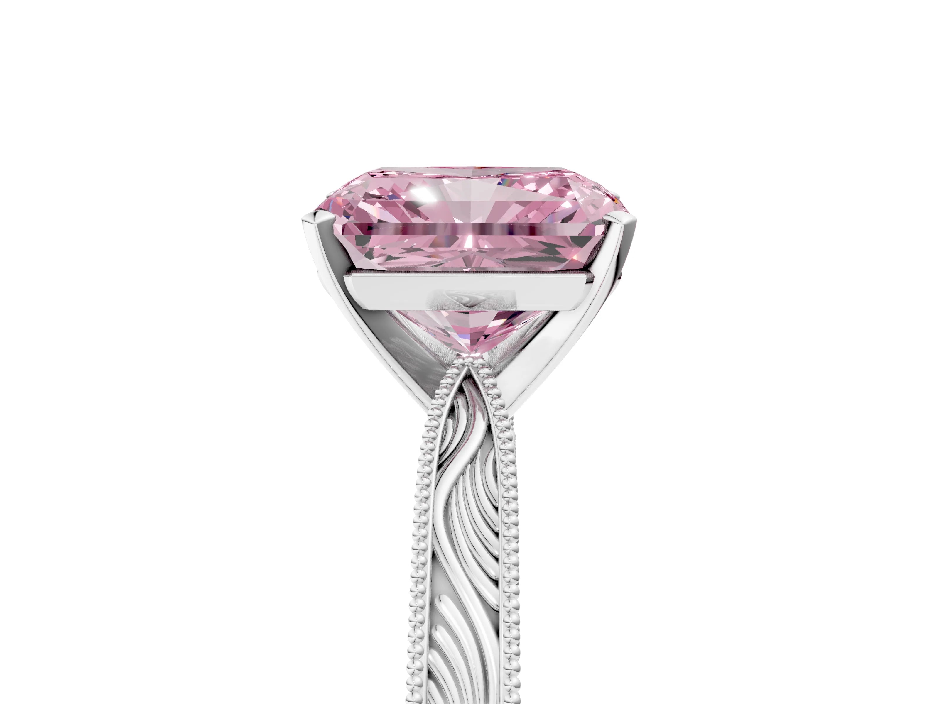White gold Fancy Pink Radiant Cut Solitaire Milgrain Engraved Band with Four-Prong Setting_17