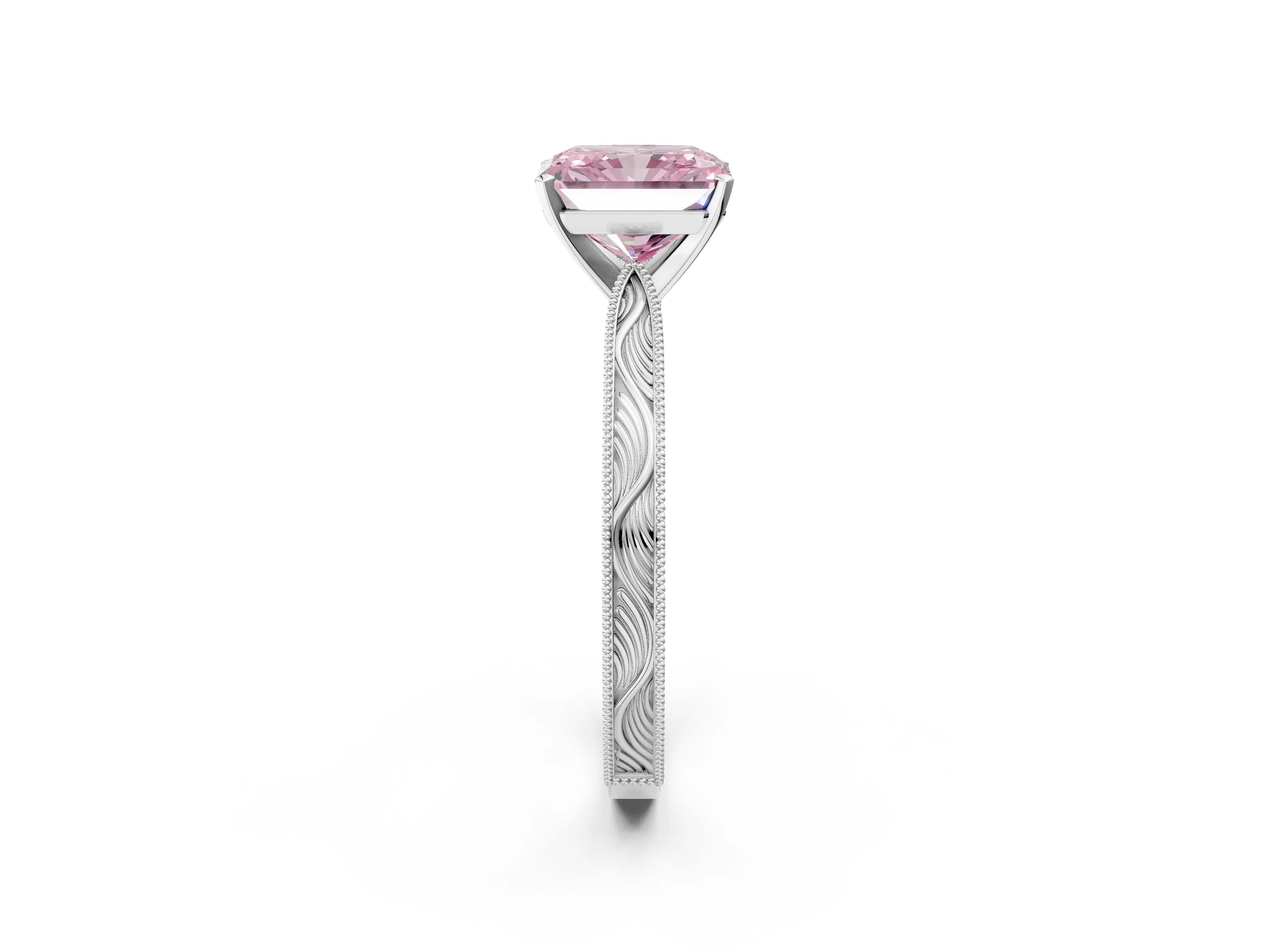 White gold Fancy Pink Radiant Cut Solitaire Milgrain Engraved Band with Four-Prong Setting_2